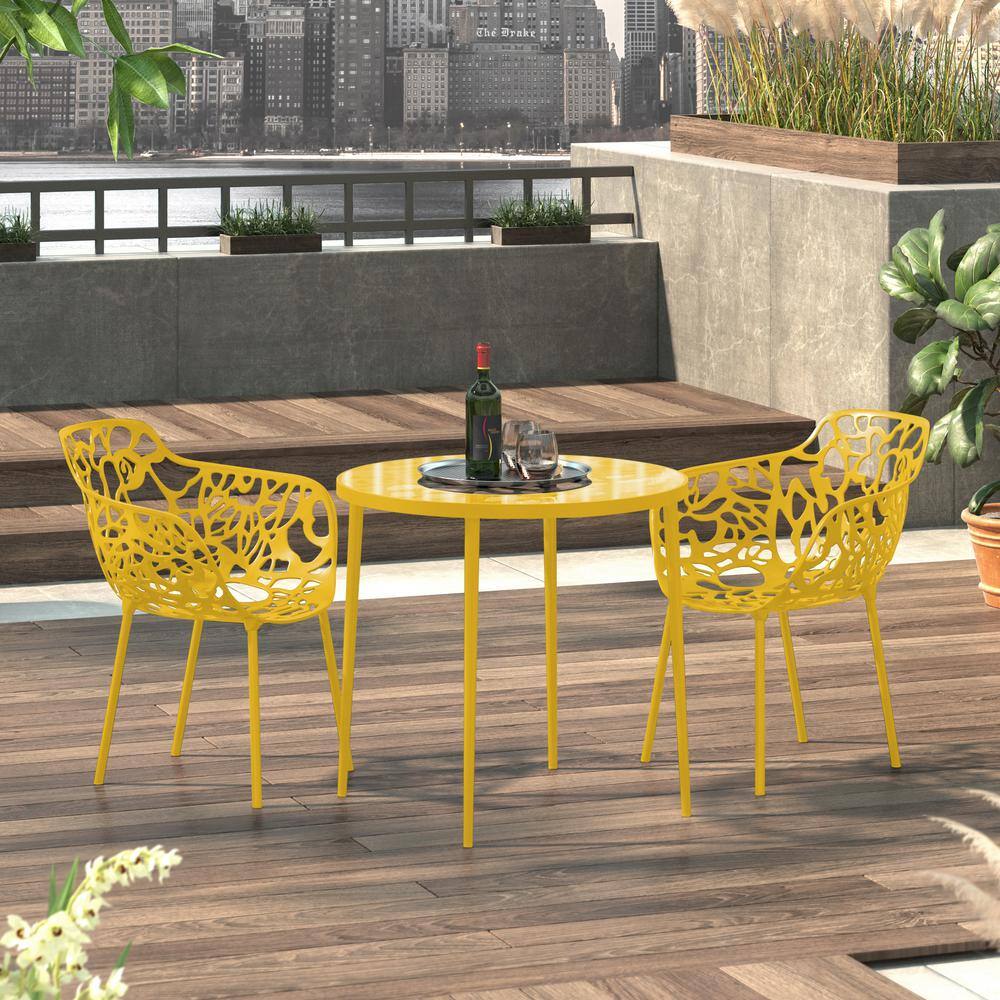 Devon Yellow Aluminum Modern Outdoor Dining Chair with Floral Cut-Out Design
