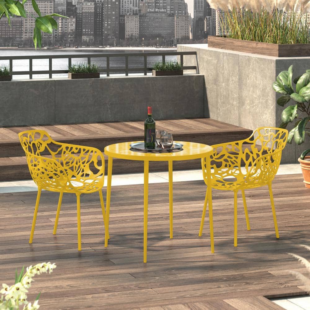 Devon Yellow Aluminum Modern Outdoor Dining Chair with Floral Cut-Out Design