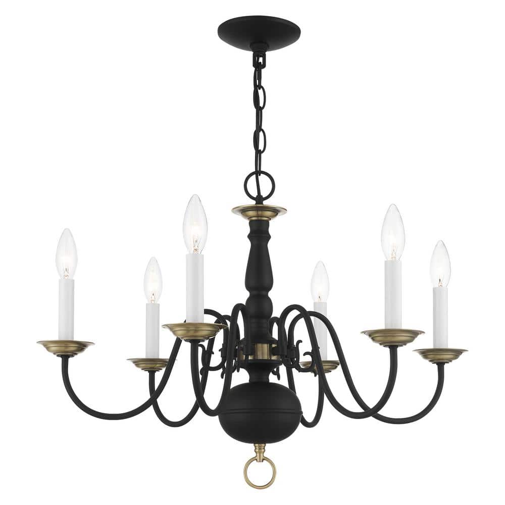 Elegant Colonial Black and Antique Brass 6-Light Crystal Chandelier