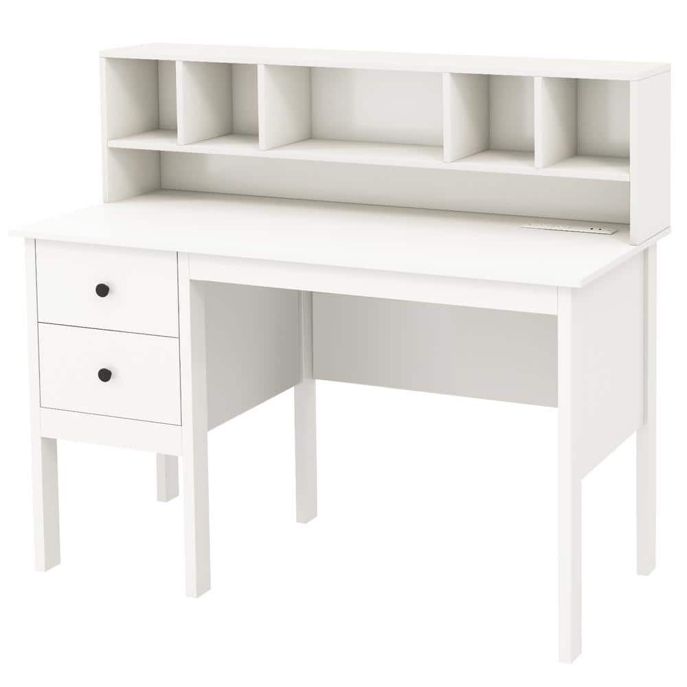 White Modern Wood Desk with Hutch and Drawers