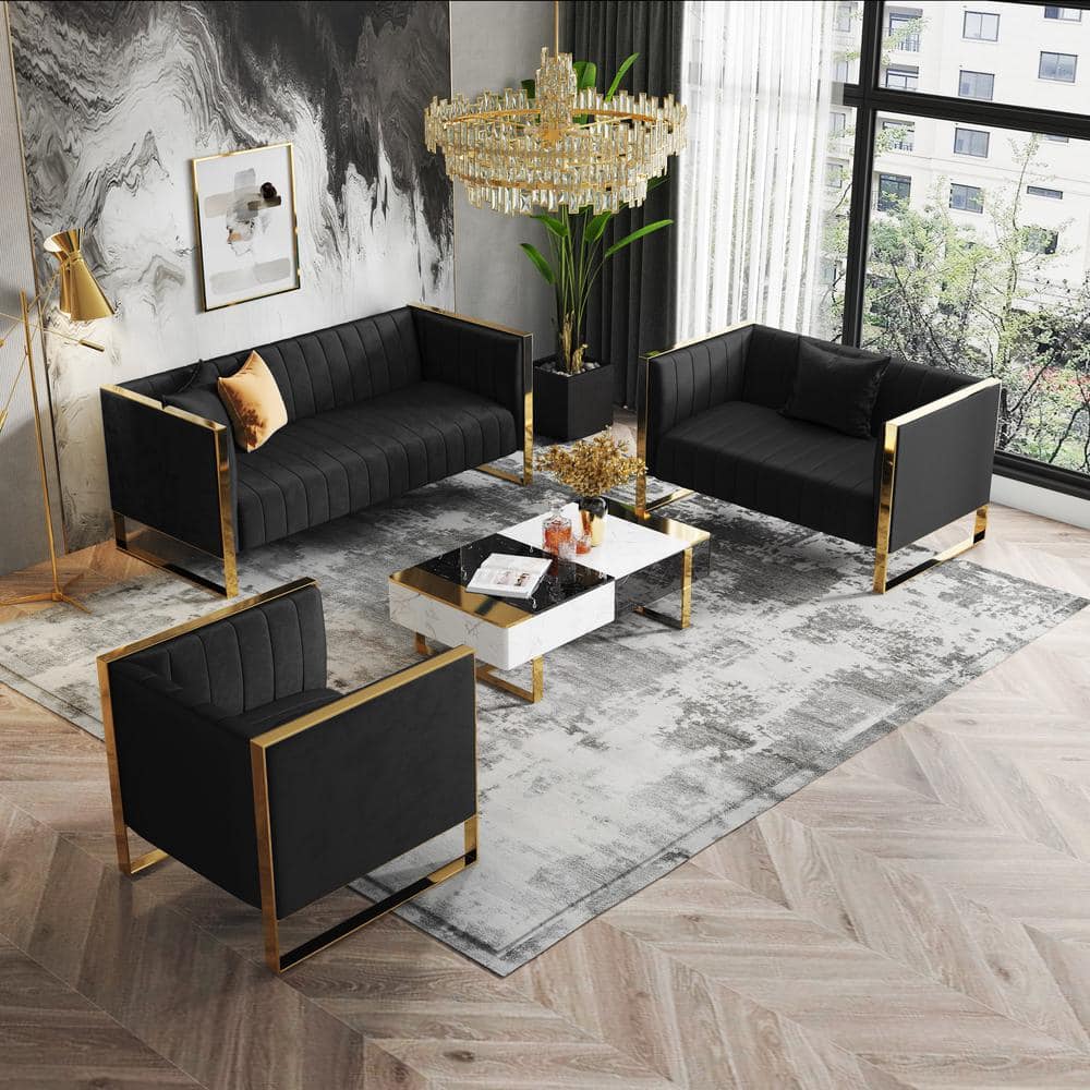 Black Velvet Sofa and Armchair Set with Rose Gold Frame