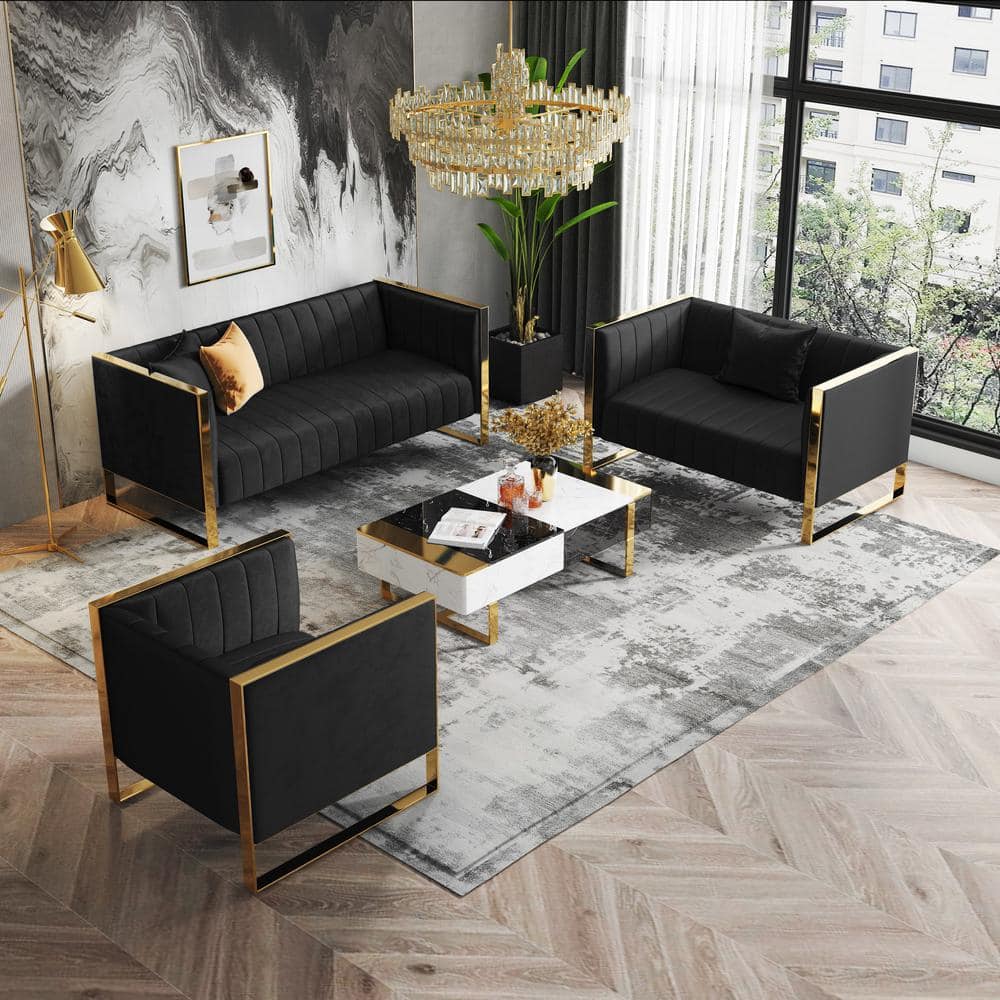 Manhattan Comfort Trillium 2-Piece Black and Gold Velvet Sofa and Armchair Living  Room Set 2-SS559-BK The Home Depot