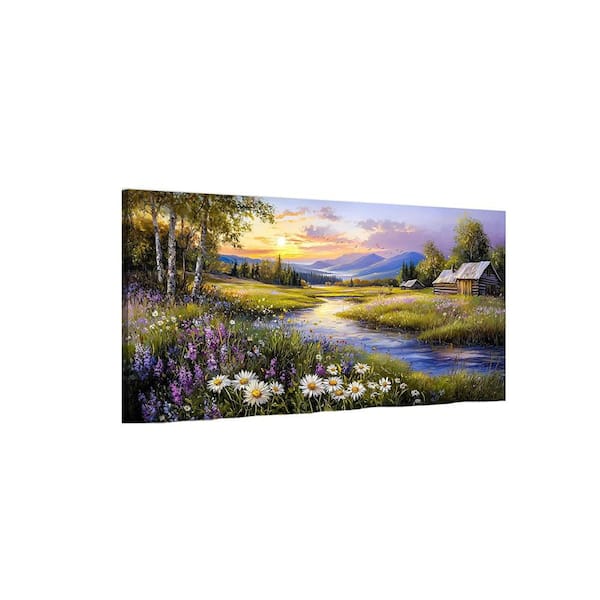 Large Wall Art Prints, Rural Landscape Wall Decor, Meadow Wildflower Canvas Painting, River Cottage Pictures Home