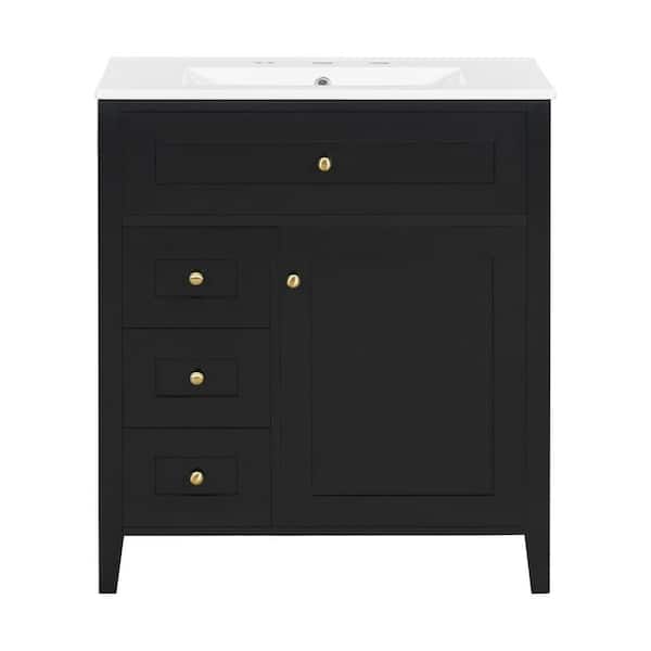 30 in. Freestanding Black Bath Vanity with White Ceramic Top 3 Drawers and Adjustable Shelf