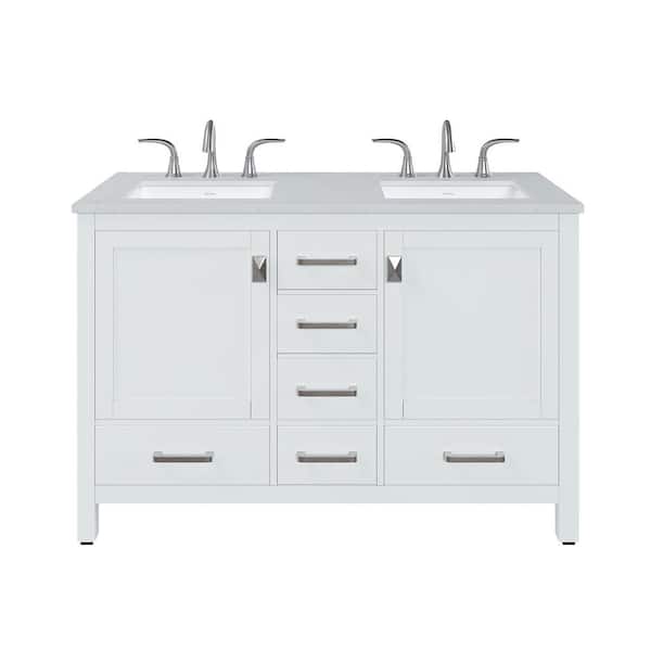 Aberdeen 48 in. Double Sink White Bath Vanity with White Carrara Quartz Top (Assembled)