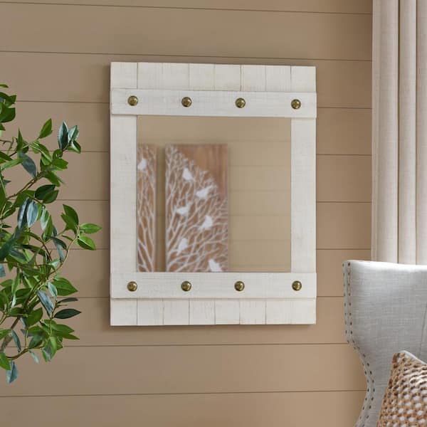 Home Decorators Collection Medium Brass Studded White Wooden Shiplap Mirror (30 in. W x 24 in. H)