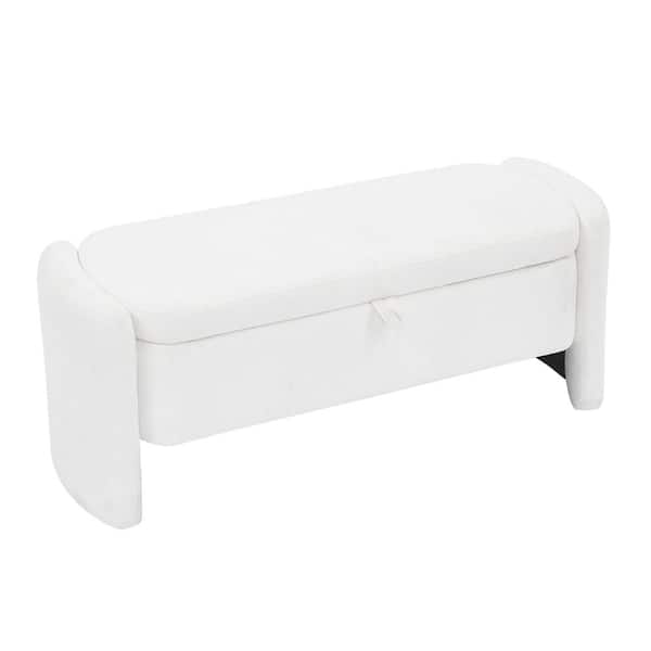 CSC DECOR INC White Oval Dining Bench, Storage Bench Chenille Fabric Bench with Large Storage Space 47.24 in.
