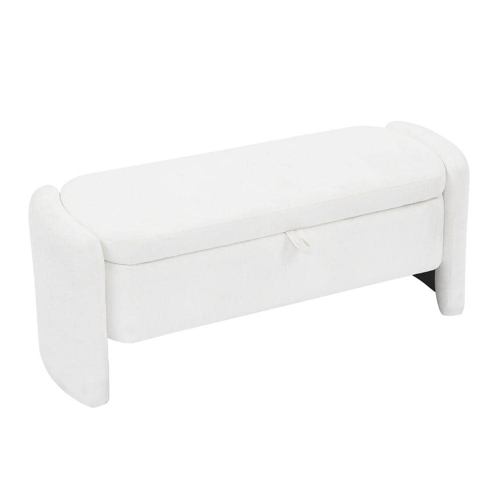 White Oval Dining Bench, Storage Bench Chenille Fabric Bench with Large ...