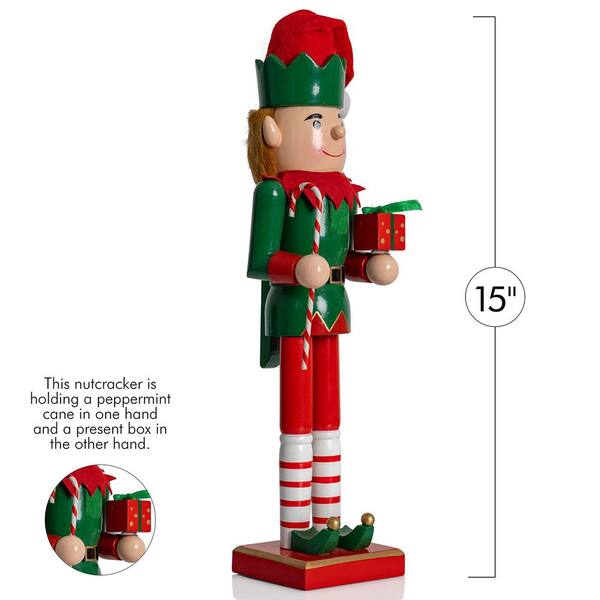 ORNATIVITY 15 in. Wooden Christmas Elf Holiday Nutcracker-Red and Green Elf  with Candy Cane and Gift Box Holiday Nutcracker Decor OR-169 - The Home  Depot