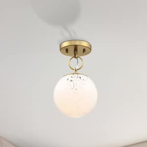 Wine Flower 7 in. 1-Light Brushed Gold Glam Semi Flush Mount with White Art Glass Shade for Bedrooms