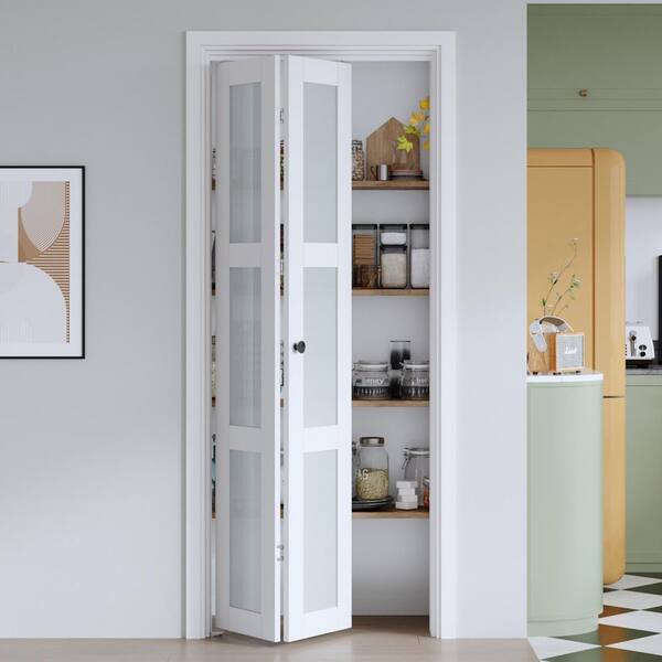 30 in. x 80 in. 3-Lite Frosted Glass White Finished Solid MDF Bi-Fold Door with Hardware Kit
