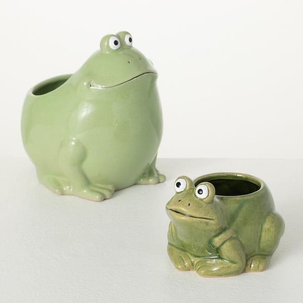 SULLIVANS 6.25 in. and 3.5 in. Green Toad-Ally Fun Stone Planter (Set of 2)