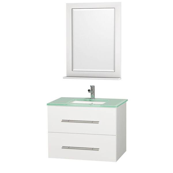Wyndham Collection Centra 30 in. Vanity in White with Glass Vanity Top in Aqua and Square Porcelain Undermounted Sink