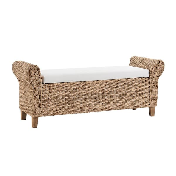 August 56 in. W Boho Flip Top Storage Rattan Entryway Bench with Solid Wood Legs and Roll Arms-Natural
