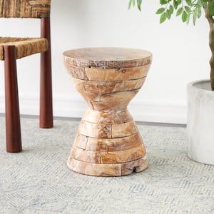 14 in. Brown Handmade Hourglass Geometric Medium Round Teak Wood End Table with Stacked Wood Pieces