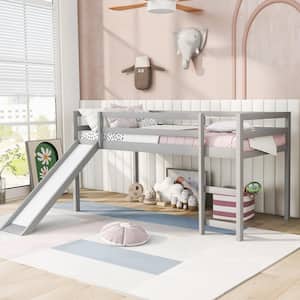 Wood Twin Loft Bed with Slide, Low Loft Bed Frame with Guard Rail and Ladder, No Box Spring Needed, Gray