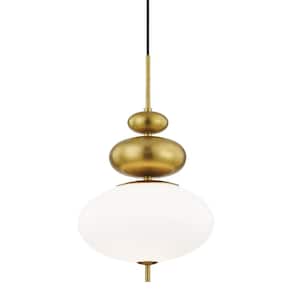 Elsie 1-Light Aged Brass Finish Pendant Light with Opal Glossy Shade