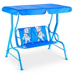 Kids Patio Porch Bench Swing with Safety Belt Canopy Outdoor Furniture Blue