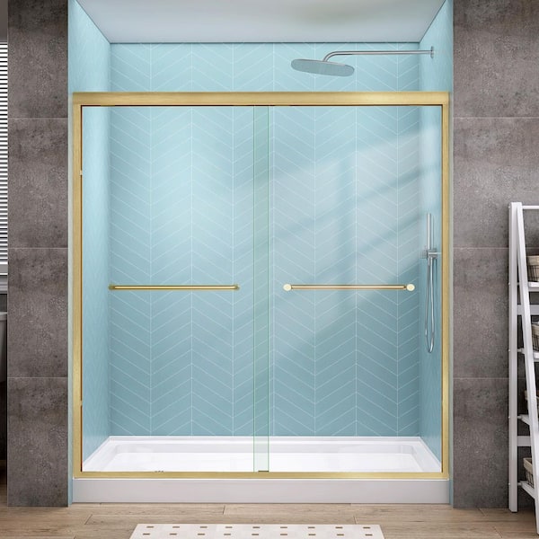 Getpro 68-72 in. W x 72 in. H Double Sliding Semi-Frameless Shower Door in Matte Brushed Gold with 1/4 in. Clear Glass