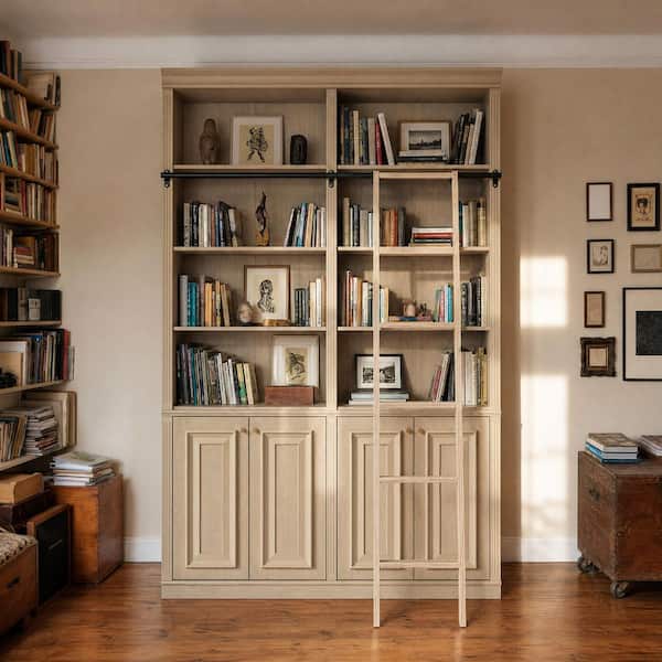 97.6 in. Tall Brown Wood 12-Shelf Accent Bookcase with Lower Cabinet Storage, Sliding Ladder For Living Room Storage