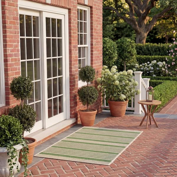 Courtyard Green/Beige Doormat 2 ft. x 4 ft. Striped Indoor/Outdoor Patio Area Rug