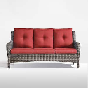 ArcoBay Metal and Gray Wicker Outdoor 3-Seat Sectional Couch Sofa with Olefin Red Cushions