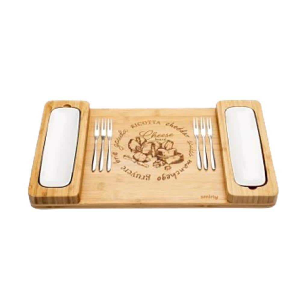 10 in. Natural Bamboo Charcuterie Cheese Board Set with Utensils and Rectan