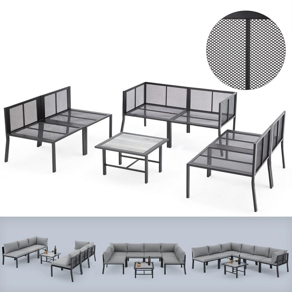 Gray 7-Piece Iron Patio Sectional Furniture Set with Cushions