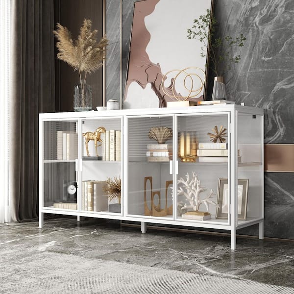 White Wood 55.1 in. W Glass Door Display Cabinets Sideboard With Lights