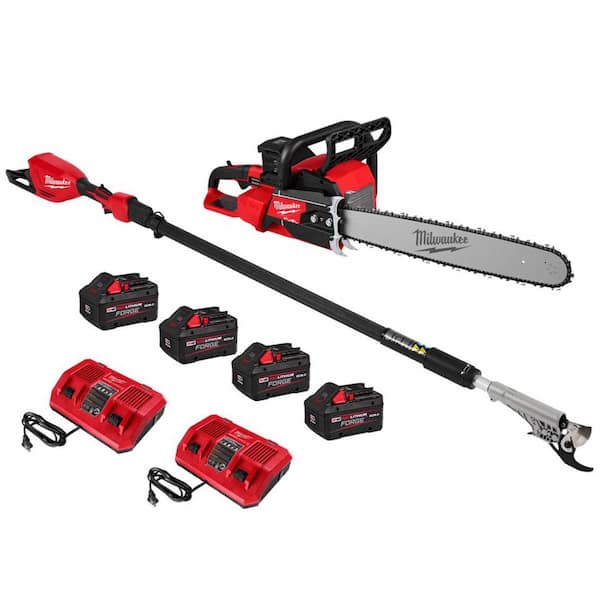 M18 FUEL 18V Brushless Cordless 20 in. Dual Battery Chainsaw Kit w/ Telescoping Pole Pruner, (4) 8.0 Ah Battery, Charger