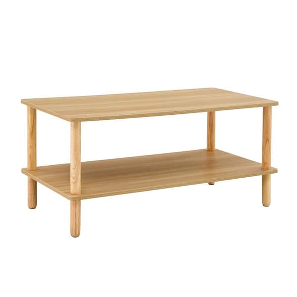 40.00 in. Modern 2-Tier Light Brown Rectangular Wood Coffee Table with Open Storage Shelf for Living Room