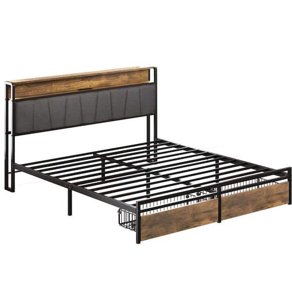 ANBAZAR Black Metal Frame Queen Size Platform Bed with Storage Drawers, LED Lights and USB Ports Upholstered Backrest