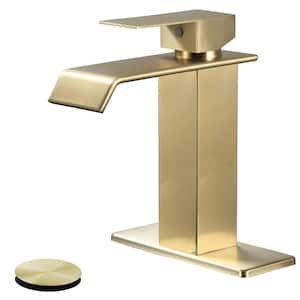 Waterfall Single Hole Single-Handle Low-Arc Bathroom Faucet in Brushed Gold