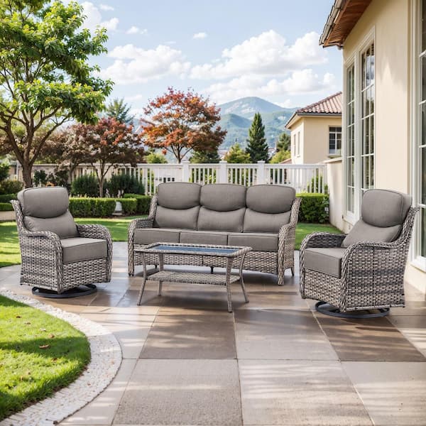 Crescent Gray Swivel Glider Wicker Patio Conversation Set with Gray Olefin 6 in. Thick Cushions/Coffee Table (4-Piece)