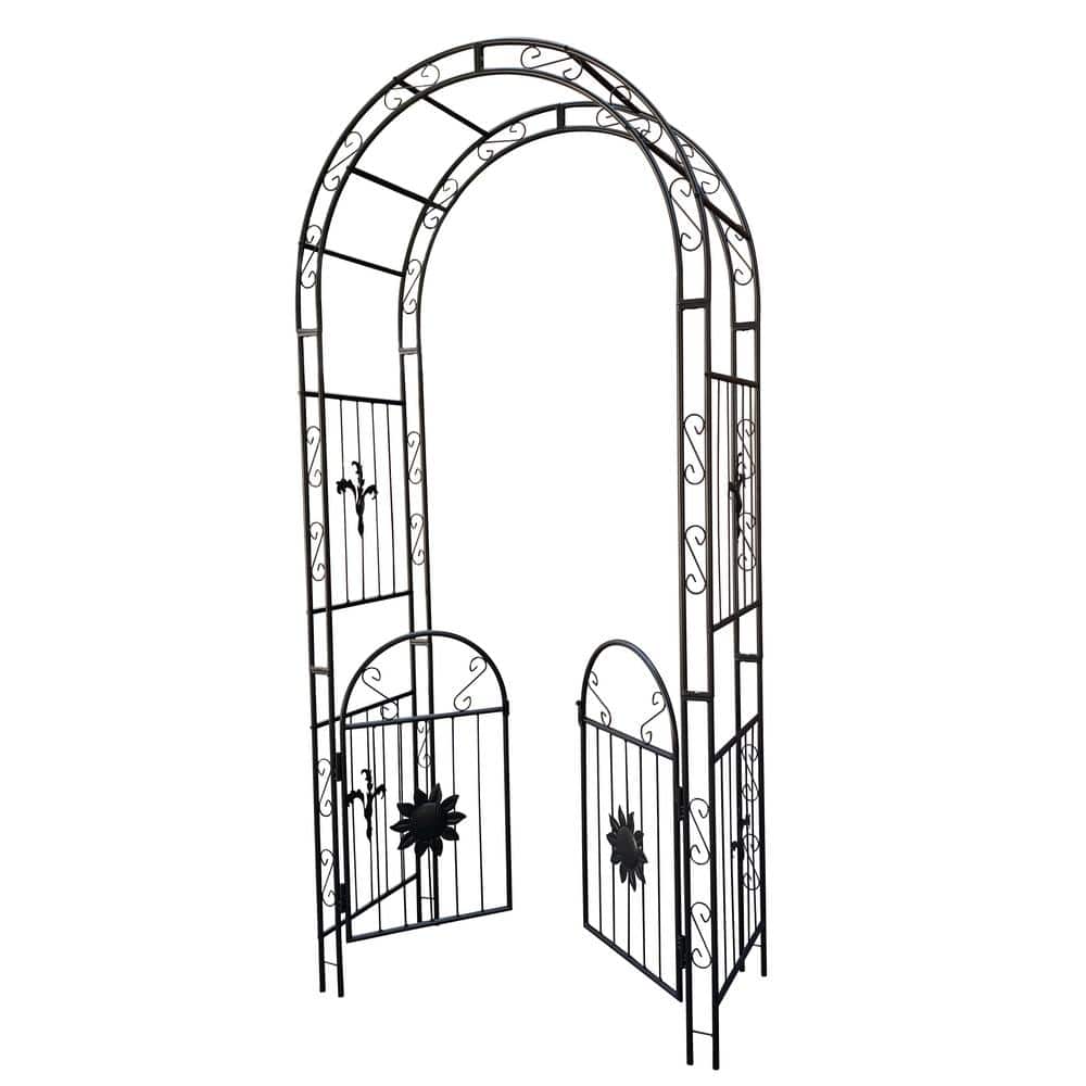 Black 98 in. Metal Garden Arch with Doors, Garden Arbor Trellis for Climbin