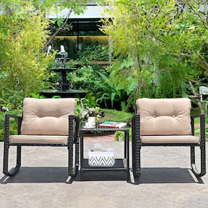 3-Piece Wicker Patio Conversation Set Bistro Furniture Set 2 Rocking Chairs, Glass Side Table with Beige Cushions