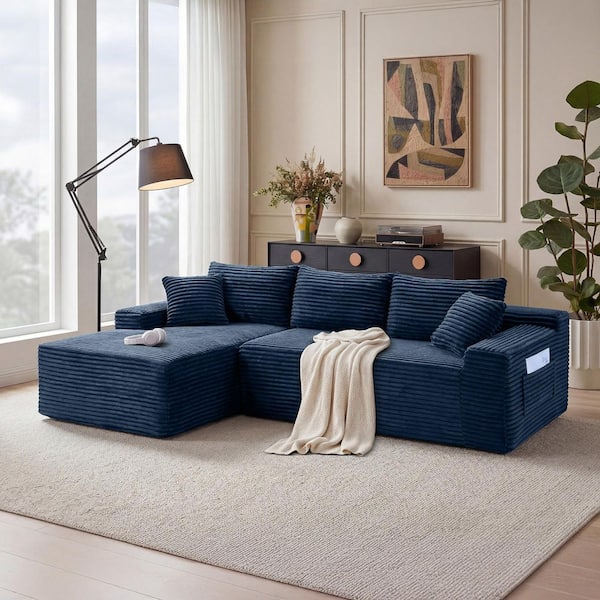 Xara 94.5 in. Square Arms 2-Piece Corduroy Modular Compressed Sectional Sofa in Blue with Left Arm Chaise and Pillows