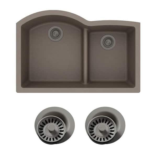 Elkay Quartz Classic Undermount Composite 33 in. Rounded Offset Double Bowl Kitchen Sink in Greige with Color Match Drain