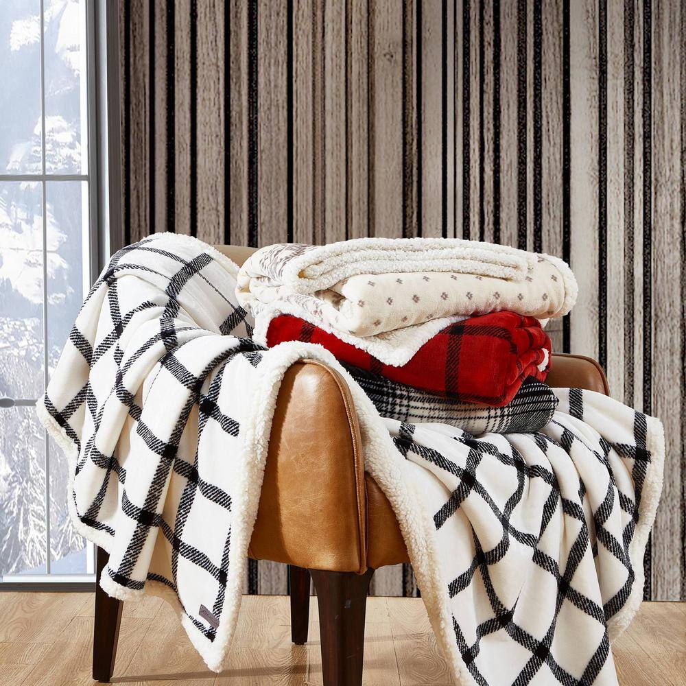 Beige Plaid Reversible Fleece & Sherpa Throw Blanket