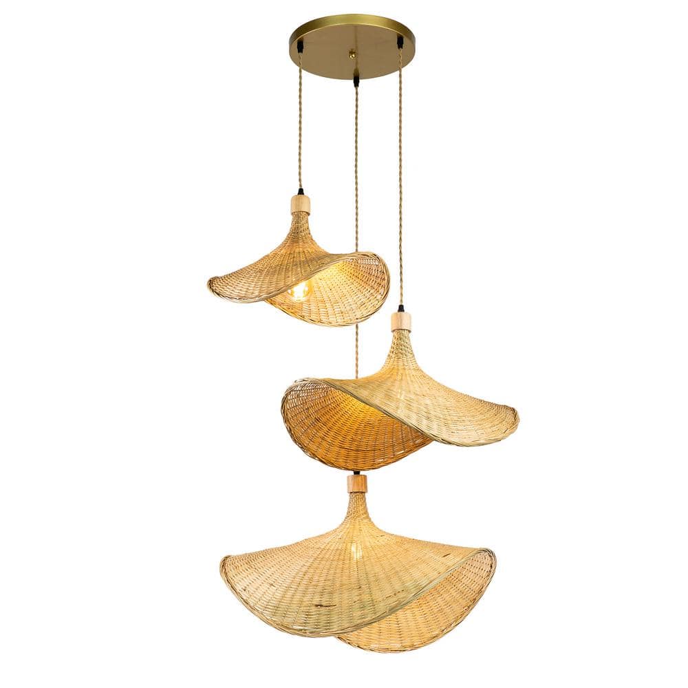 Island-Vibe Triple Hat-Shaped Rattan Pendant Light - Tan