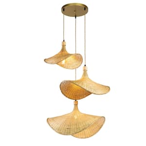 Ellie 3-Lights Rattan Hat Shape Pendant Light in Brass Natural Handmade Shade Cluster Hanging Modern Coastal Light