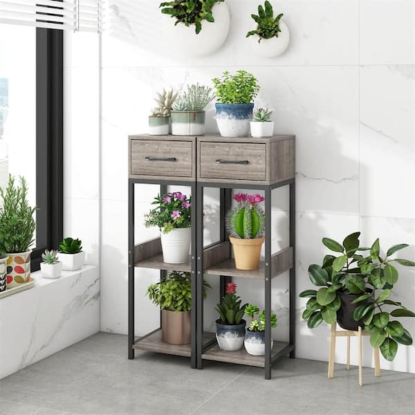 36 in. Indoor Tall Plant Stand with 3 Shelves and Drawer Anti-tipping Devices Display Shelf (Set of 2) in Gray