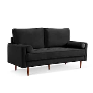 Bolstered Modern 69 in. Wide Square Arm Velvet Polyester Modern Rectangle Sofa with 2 Bolster Pillows in Black