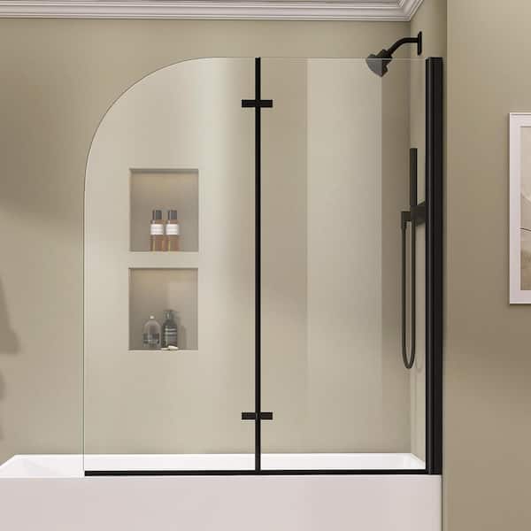 Zeafive 48 in. W x 58 in. H Frameless Foldable Pivot Hinged Bath Tub Door For Shower in Matte Black with 1/4 in. Clear Glass