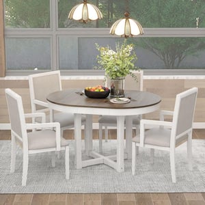 5-Piece Brown and White Round to Oval MDF Top Dining Table Set Seats-4 with Extendable Butterfly Leaf and 4-Chairs