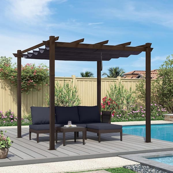 PURPLE LEAF 10 ft. x 10 ft. Navy Blue Metal Outdoor Retractable Pergola with Shade Canopy Cover for Beach Deck Gazebo