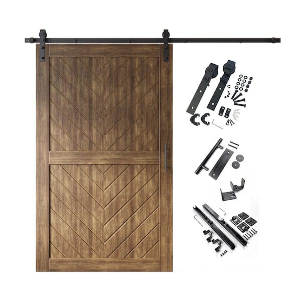 JT3 50 in. x 80 in. C-Panel Dark Walnut Fishbone Design Solid Pine Wood Sliding Barn Door with Hardware Kit