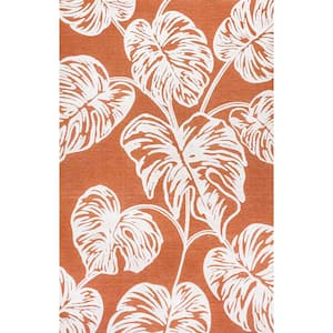 Tobago Approximate Rug Size (3 x 5 ft.) High-Low Two-Tone Orange/Ivory Monstera Leaf Indoor/Outdoor Area Rug