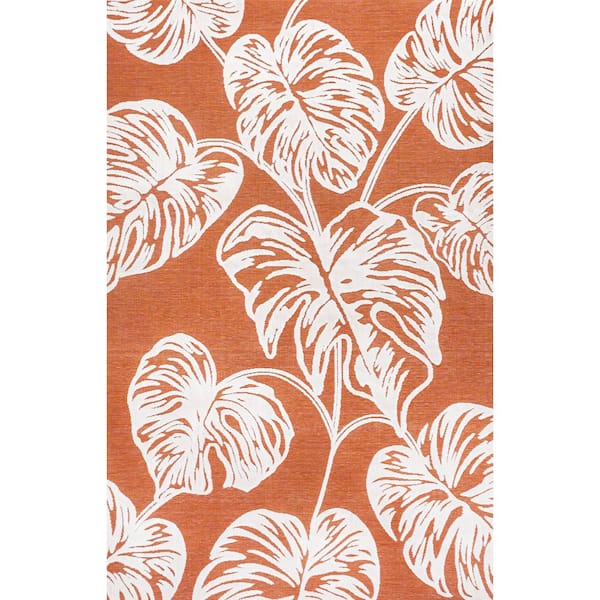Tobago Orange/Ivory 8 ft. x 10 ft. High-Low 2-Tone Monstera Leaf Indoor/Outdoor Area Rug