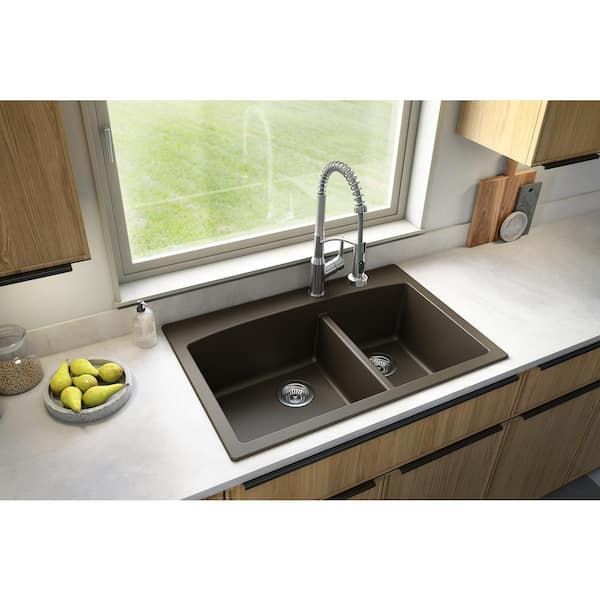 Drop-In Quartz/Granite Composite 33 in. 1-Hole 60/40 Double Bowl Kitchen Sink in Brown